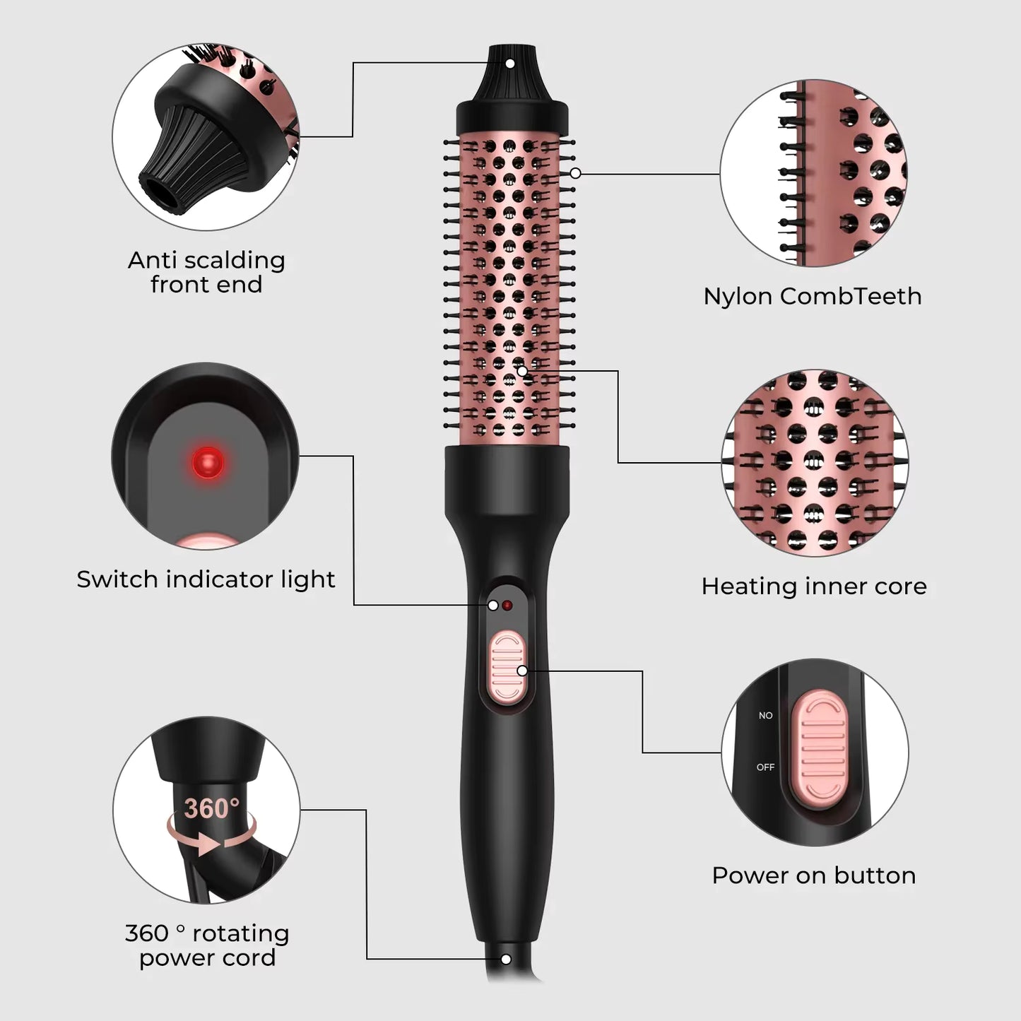 Heated curling brush, thermal, anti-scald, volumizing curling iron.